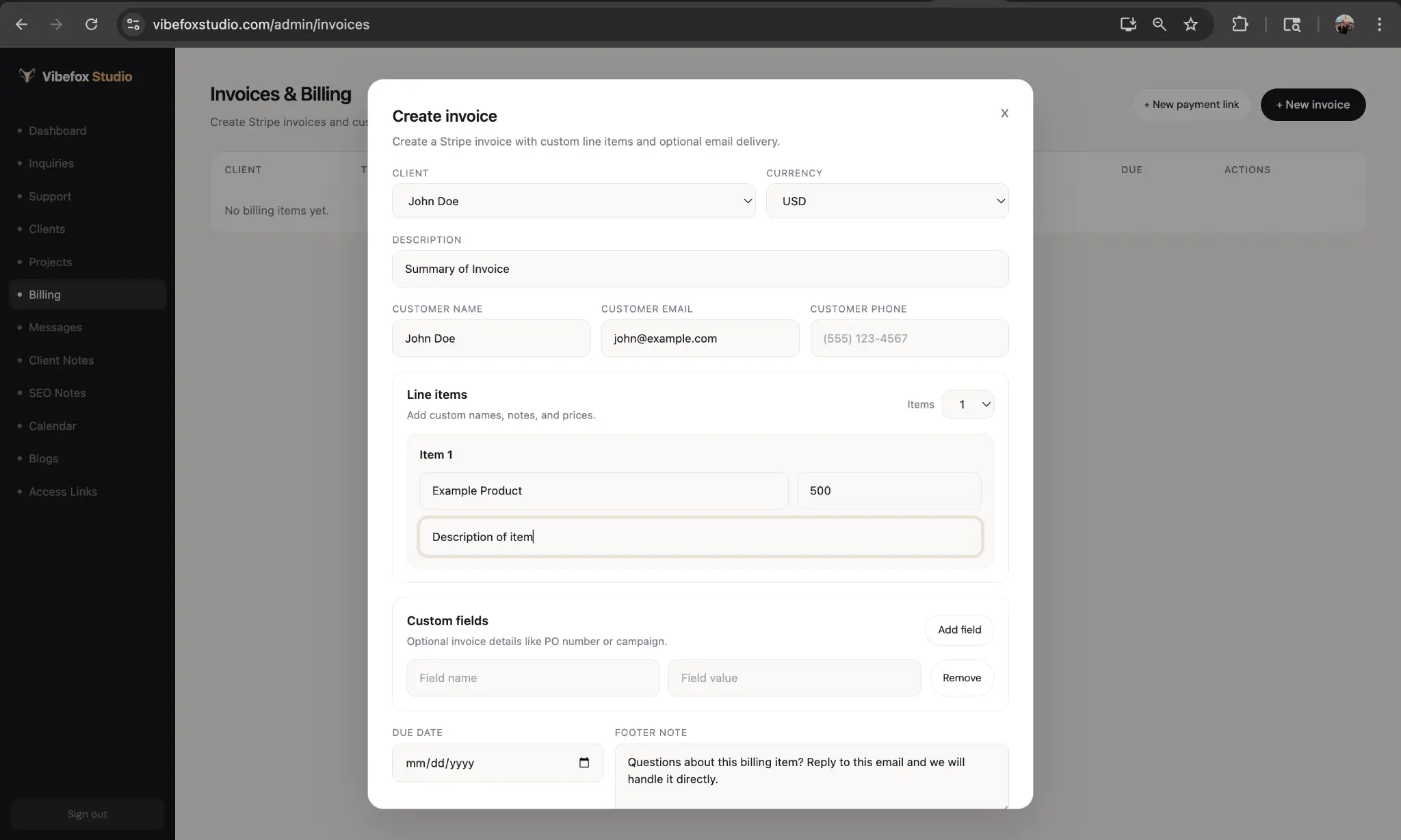 VibeFox Studio CRM and invoicing dashboard